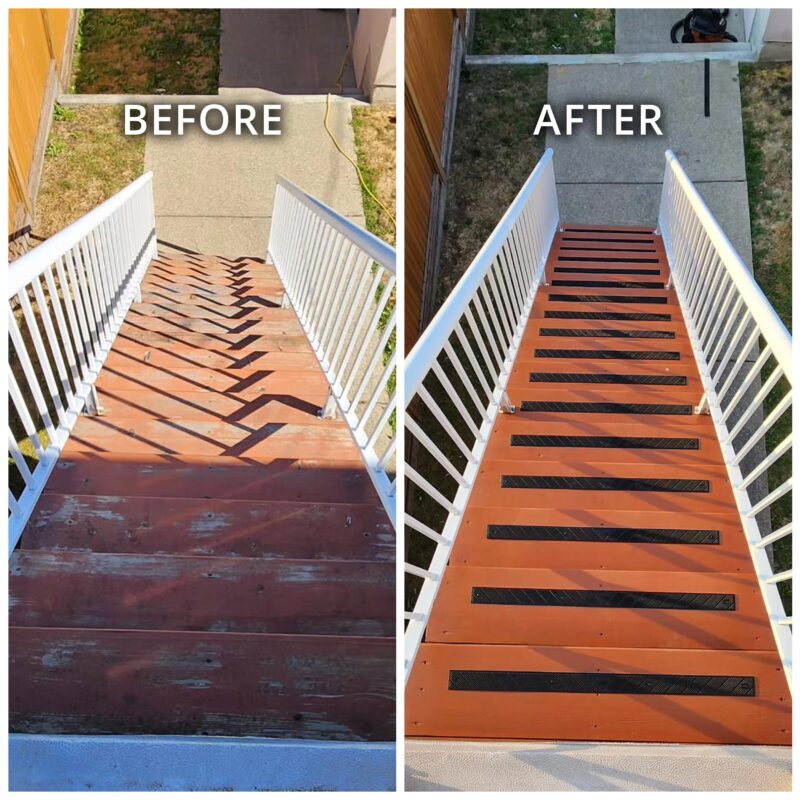 Before and after shot of red stairs in the backyard
