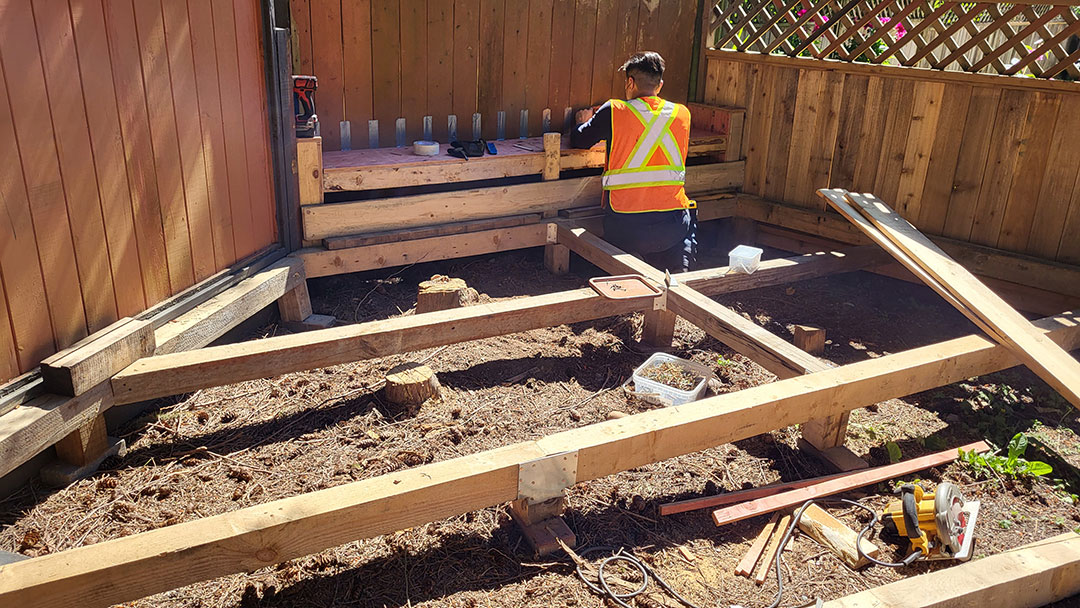 Start of deck building in the backyard