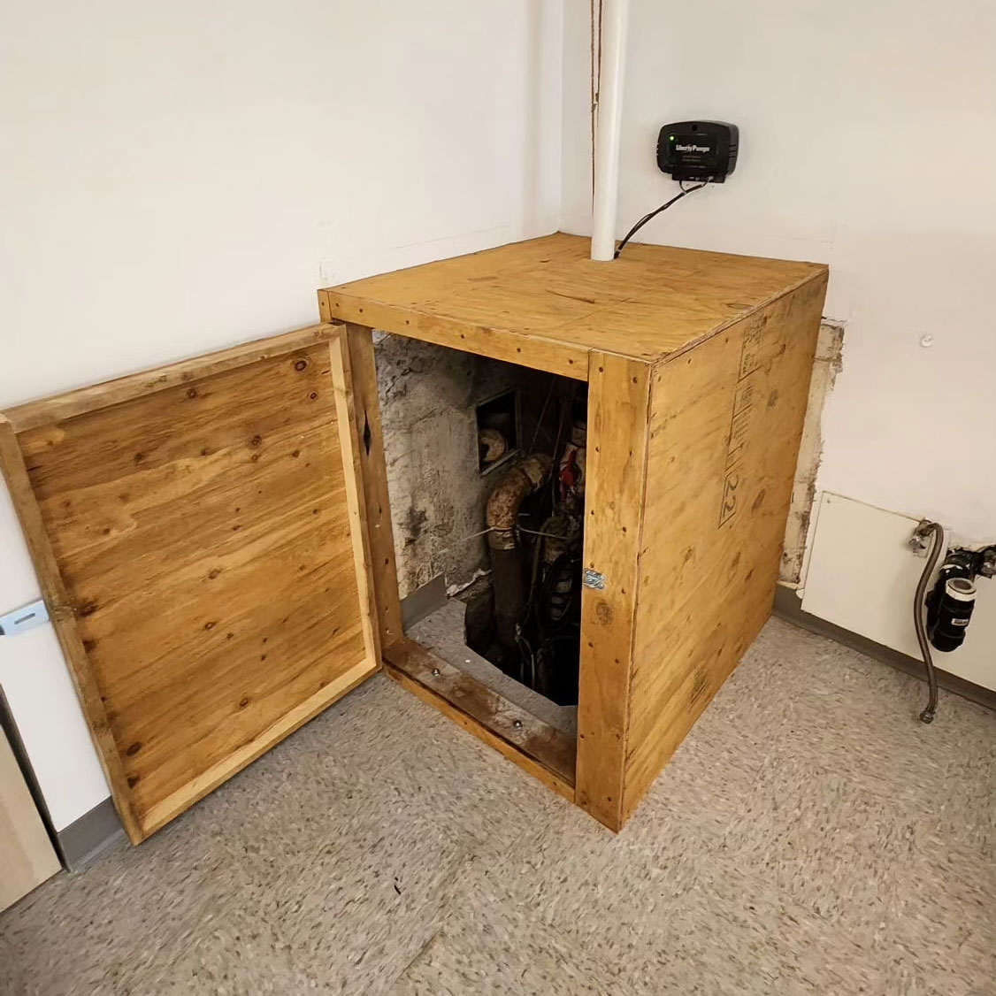 Unpaired wooden box and door covering the exposed sump pump